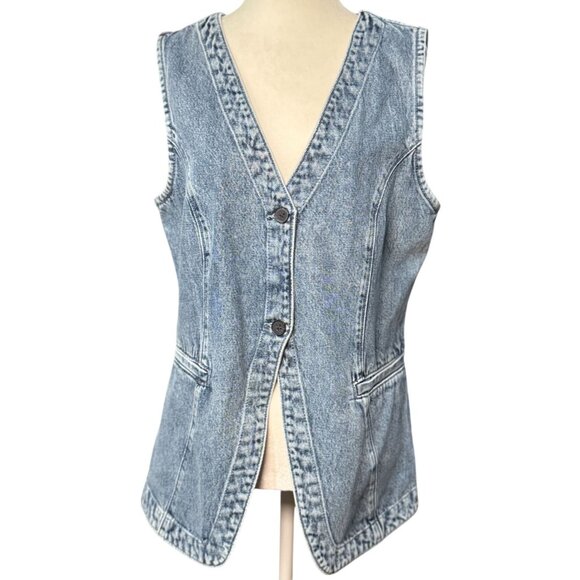 GAP Denim Vest Medium Indigo Women’s Sleeveless Button Front Longline Pockets M - Picture 2 of 12